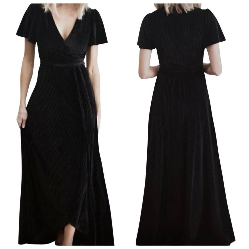 Baltic Born Andi Ribbed Black Velvet Wrap Dress Short Sleeves Size XXL